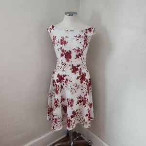 Be Smart Off Shoulder Floral Print Fit‎ Flare Dress White Red Size 9/10